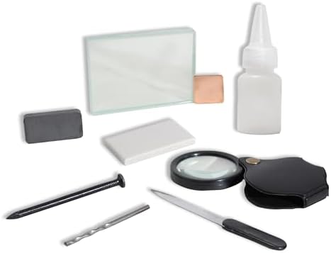 Mineral ID Kit - 9 Pieces - Includes Dropper Bottle, Streak Plate, Glass Plate, Magnet, Nail, Copper Sheet, Retractable Hand Lens, Nail File, Alloy Drill Bit for Geology Classrooms by Colidcolor