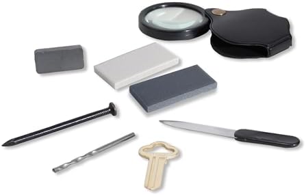 Mineral ID Kit - 7 Pieces - Includes Streak Plate, Magnet, Nail, Copper, Retractable Hand Lens, Nail File, Alloy Drill Bit for Geology Classrooms & Field Analysis by Colidcolor