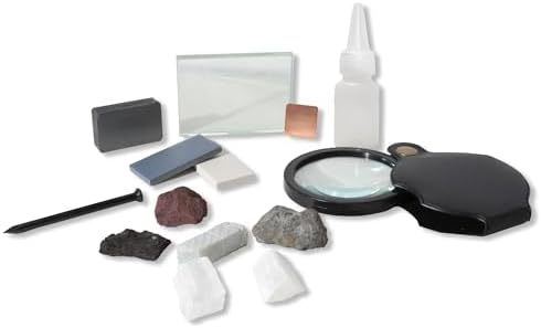 Mineral ID Kit - 13 Pieces - Includes Dropper Bottle, Streak Plate, Glass Plate, Magnet, Nail, Copper Sheet, Retractable Hand Lens, Rock and Mineral Geology Kit by Unknown