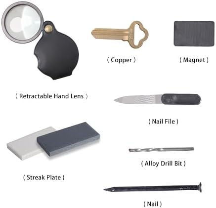 Mineral ID Kit - 7 Pieces - Includes Streak Plate, Magnet, Nail, Copper, Retractable Hand Lens, Nail File, Alloy Drill Bit for Geology Classrooms & Field Analysis - Image 2
