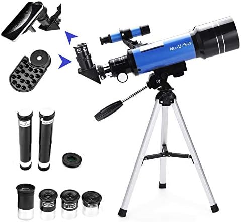 70mm Telescope for Kids & Astronomy Beginners, Refractor Telescope with Tripod & Finder Scope, Portable Telescope with 4 Magnification eyepieces & Phone Adapter Blue by MaxUSee
