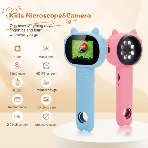 Microscope for Kids - 2.4" Screen Mini Pocket Handheld Microscope for Toddlers-STEM Educational Science Kit Toys for Christmas Birthday Gifts Science Kit Toddler for Boys Girls Aged 3-12 (Light Blue) - Image 2