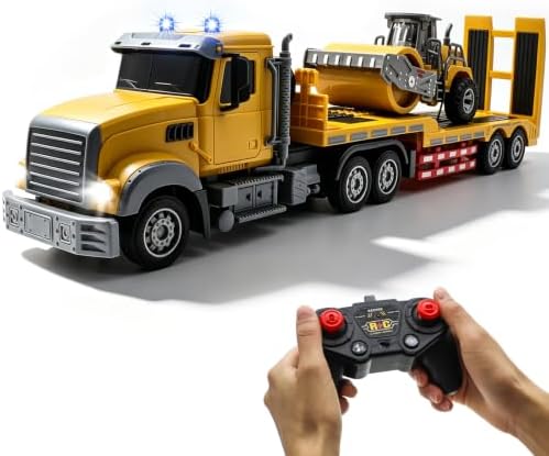 Fistone RC Semi Truck with Trailer, 1:24 RC Semi-Trailer Engineering Tractor with Sound and Lights, 2.4Ghz Remote Control Flatbed Truck with Road Roller Toys, Construction Vehicles Toy for Boys by Fistone
