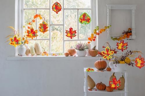 Renbuzhu 40PCS Fall Crafts Bulk: Leaves Paper Suncatchers DIY Kit for Autumn Thanksgiving Activities Decorations, Window Stained Glass Effect Art Supplies(Colorful) - Image 3