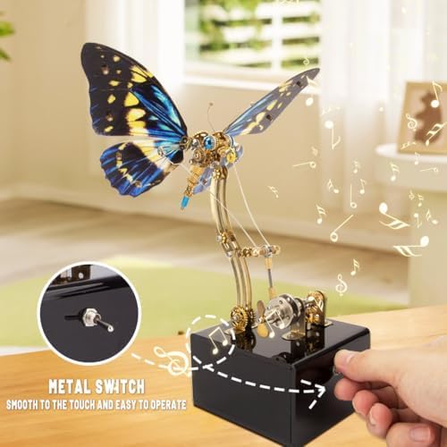 3D Metal Puzzle Mechanical Butterfly Insect Bug Model with Music Box, Steampunk Home Office Desk Decor, Collectible DIY Hand Craft Kit for Adults - 300+PCS Blue - Image 5