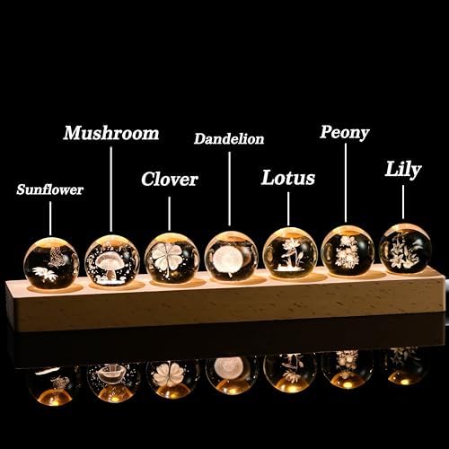 Qianwei 3D Crystal Ball Flower Decor Crystal Ball with Led Lamp Base - Best Birthday Gifts for Man Teacher Boy Kids Girls Men - Sunflower Mushroom Clover Dandelion Lotus Peony Lily - Image 4