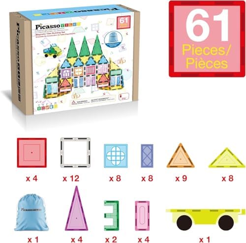 PicassoTiles Magnetic Tiles 61 Piece Magnet Tile Building Blocks Construction Sensory Toy Set with Carry Bag Storage Bin Container STEM Toddler Learning Educational Pretend Play Boy Girl Ages 3+ PT07 - Image 3