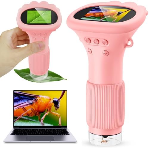 Kids Magnifying Glass, 2.0 Inch Digital Screen Mini Pocket Microscope for Bug - 200x Zoom Handheld Microscope with Adjustable Lights, Edu Birthday Gifts for Age 3-12 Girls by Ashfly