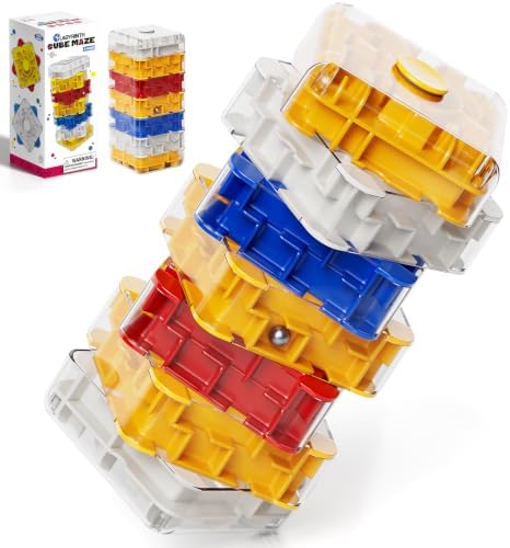 3D Maze Cube Ball Puzzle Brain Teaser for Adults & Kids, Educational Learning Toys Logical Thinking, Family Board Games Tabletop, Durable Puzzle Cube (White&Blue&Red&Yelllow, 2.4x2.4x5.6) by Unknown