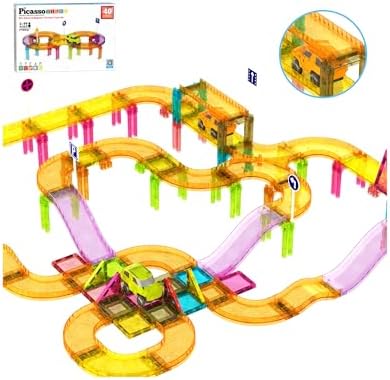 PicassoTiles Race Car Track Magnetic Tiles Travel Toy Sensory Magnet Tile Toys for Toddlers STEM Educational Learning Montessori Play Construction Building Blocks Kids Boys Girls Ages 3+ PTMR40 by PicassoTiles