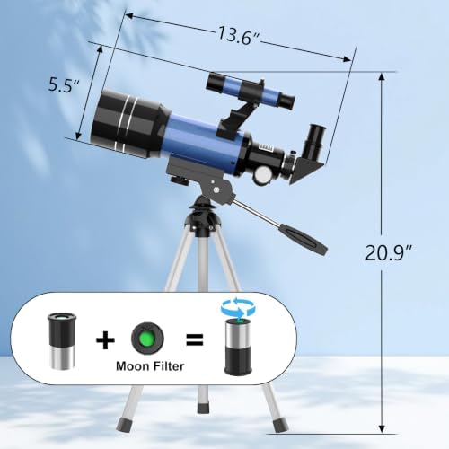 Telescope for Adults & Kids, 70MM Aperture FMC Optics Telescopes for Astronomy Beginners, 300MM Refractor Telescope (15X-150X) with Phone Adapter and Tripod, Travel Gifts for Moon, Jupiter and Star - Image 6
