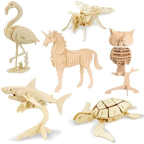 Georgie Porgy 3D Wooden Puzzles for Kids Toys Construction Woodcraft Kits DIY Model Puzzle Kits Birthday Gifts Pack of 6 (Bee Owl Flamingo Unicorn Sea Turtle Shark) by GeorgiePorgy
