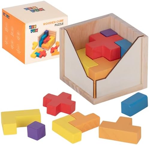 Zen Fun Wooden Brain Teaser Puzzle Cube - Montessori Toy Colorful Cube Puzzle for Kids Ages 5-7 and Easy Mind Puzzle for Adults - 20 Pieces by ZenFunToys
