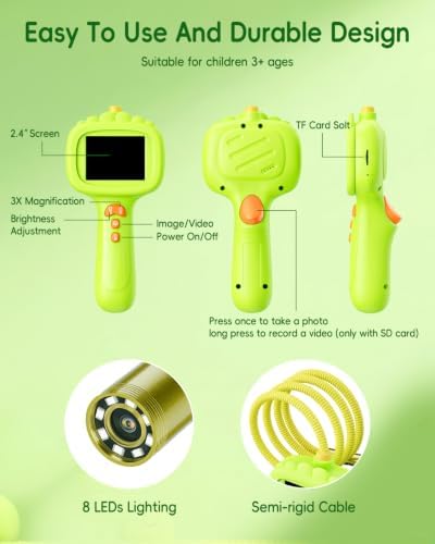 Borescope Camera with Light for Kids, Ashfly STEM Science Educational Toy for 3 4 5 6 7 8 Years Old Boys & Girls, 2.4" Screen Snake Scope Camera for Birthday Outdoor Camping Nature Exploration-Green - Image 3