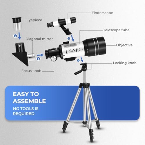 ESAKO Telescope for Kids & Beginners, 70mm Aperture Portable Telescopes with 3 Eyepieces, Height Adjustable Tripod & Phone Adapter & Remote Control Gift for Christmas - Image 6