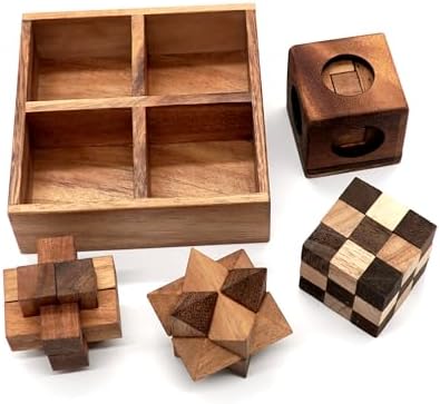 BSIRI 4 in 1 Wooden Brain Teaser Puzzles for Adults - Challenging 3D Desk Wood Puzzles Set Interlocking Hand Games for Mind Toys Suits for Rustic Patio Decor Unique Gift Office Decoration - Image 2