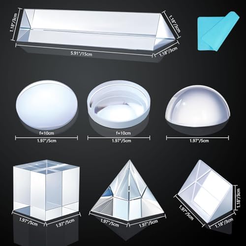 7 PCS K9 Optical Crystal Prism & Lens Set, 50mm Cube/Pyramid/Dome/Right-Angle/150mm Equilateral Prism, Biconvex/Biconcave Lens, for Photography Teaching Entertainment - Image 3