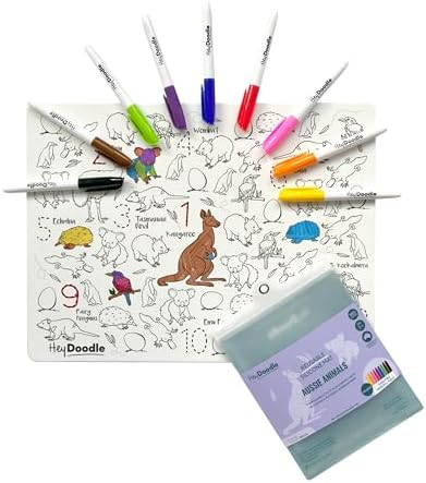 HeyDoodle Aussie Animals Classic Doodle Mat – Reusable Silicone Coloring Mat for Toddlers and Kids – Educational Wildlife Activity Pad with 9 Markers – Mess-Free Travel Toy – Ages 3-7 by HeyDoodle