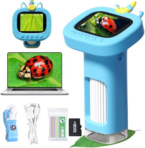 Microscope for Kids, Digital Handheld Kids Microscope with 10 Slides, Photo and Video Mini Portable Pocket Miniscope Science Toys Gifts for 3-12 Age Year Old Boys Girls (Blue) by PJY