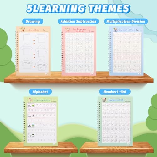 Grooved Magic Practice Copybook, Reusable Writing Practice Book, for Preschool Kids Age 3-8 ​Calligraphy (5 Books with 40 Pens) (Colorful) - Image 3