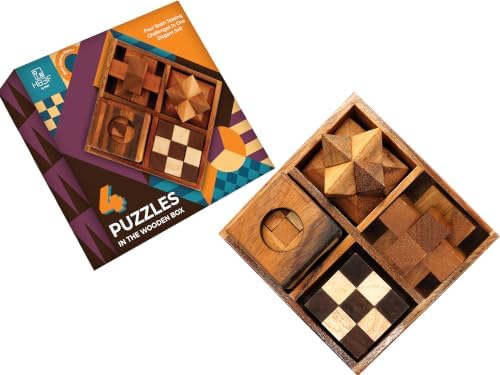 BSIRI 4 in 1 Wooden Brain Teaser Puzzles for Adults - Challenging 3D Desk Wood Puzzles Set Interlocking Hand Games for Mind Toys Suits for Rustic Patio Decor Unique Gift Office Decoration by HB3FbyBSIRI