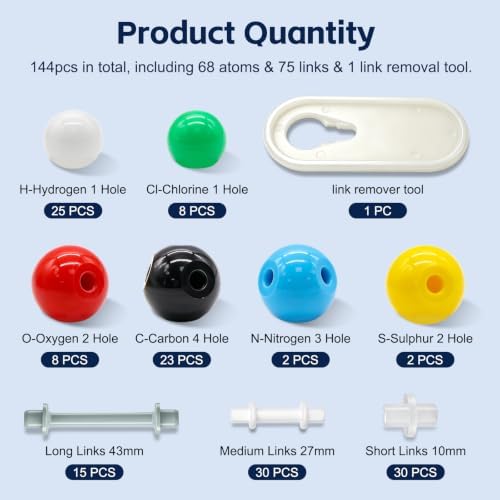 144PCS Organic Chemistry Molecular Model Kit, Molecular Model Set for Inorganic and Organic Chemistry,Including 68 Atoms & 75 Links & 1 Link Remover Tool for Student and Teacher - Image 2