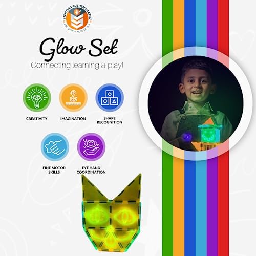 Tytan Tiles Glow in The Dark 60-Piece Magnetic Tiles Building Set, Diverse Multi-Color Shapes, STEM Toy, Cars, Creative Play, Storage Bag & UV Keychain Flashlight for Drawing on Tiles, Ages 3 and Up - Image 4