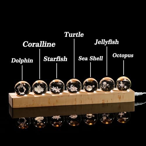 Qianwei 3D Crystal Ball Sea Glass Ocean Decor with Led Lamp Base - Best Birthday Gift for Man Teacher Boy Kids - Dolphin Shells Coral Starfish Sea Turtle Jellyfish Octopus Gifts - Image 3