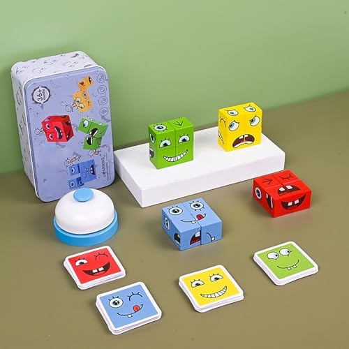 Large Wooden Face Expression Puzzle Building Cubes Manipulatives Face Changing Magic Cube Puzzles Matching Game with Bell Logical Thinking Training Brain Educational Montessori STEM Toys - Image 4