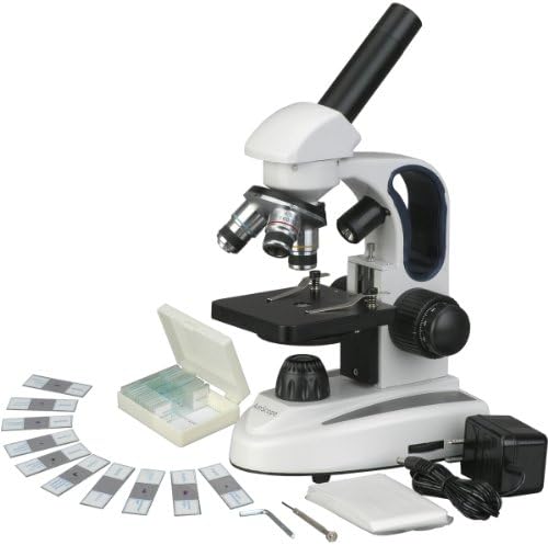 AmScope Cordless Compound Monocular Microscope, 25 Prepared Slides by AmScope