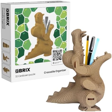 QBRIX Crocodile Pen Holder 3D Puzzles for Adults, 3D Model Kit for Teens, DIY Crafts for Home Decor, Original Gift for Boys&Girls 14+, Cardboard Model Building Kit by QBRIX