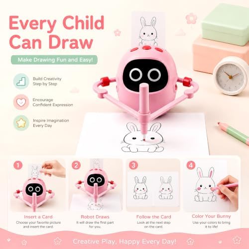 Drawing Robot for Girls Ages 4-8, 12 Themes Plus 220 Drawing Cards Learn to Draw Step by Step Drawing Machine, Built-in Music, 12 Color Markers, Montessori Painting Learning Toys - Image 3