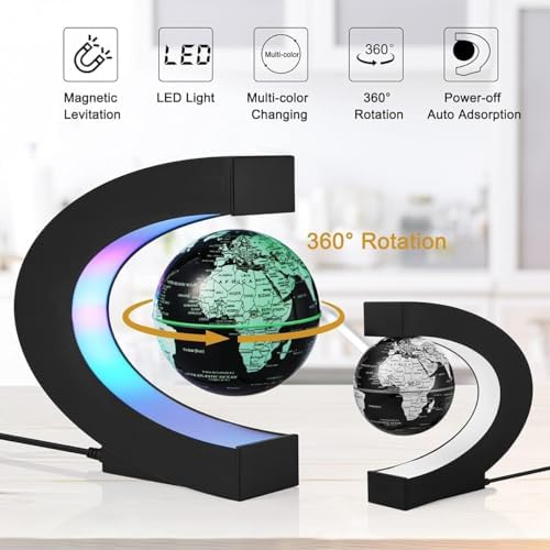 Magnetic Levitation Globe,Floating Rotating World Map Globe,Geographic globes Cool Gadget With Colored LED Lights and C Shape Anti Gravity ,Home/Office Desk Decor Display Stand,Gift for Kid/Student - Image 2