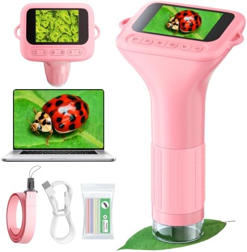 Odatay 1000X Digital Kids Microscope Kit with 12 Slides & 2" Screen, Pink by Odatay