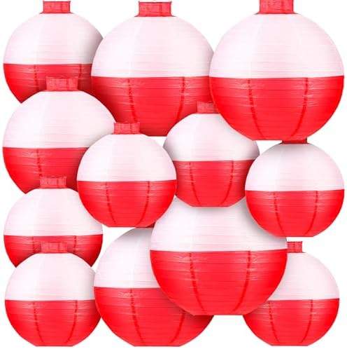 Fishing Bobber Paper Lanterns Round Decoration Lantern 12 PCS Red and White Hanging Paper Lanterns for Fishermen Theme Party Decoration Supplies Birthday Decor by ngsiiohun