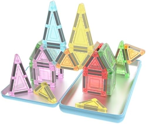 PicassoTiles Magnetic Tiles 30pc Nano Building Construction Set Compact Mini Travel Magnet Tile Playset with Tin Storage Case STEM Educational Learning School Brain Toy Blocks Boys Girls Ages 3+ PN09 by PicassoTiles