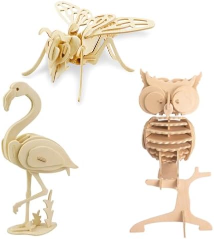 Georgie Porgy 3D Wooden Puzzles for Kids Toys Construction Woodcraft Kits DIY Model Puzzle Kits Birthday Gifts Pack of 3 (Bee Flamingo Owl) by GeorgiePorgy