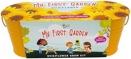 BUZZY Seeds My First Garden Sunflower Grow Kit, Indoor Gardening Set with Non-GMO Seeds, Non-Toxic Growing Medium, Yellow Metal Planter, Educational Plant Growing Kit for Gardeners by BUZZY