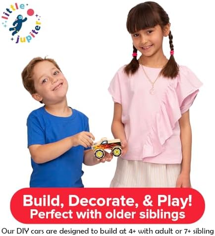 Little Jupiter DIY Wooden Kits w/Stickers - Kids Building Kit - Stem Toys for Ages 4-7 - Wood Crafts for Kids - Woodworking Kits (Monster Truck 1 & Race Car) - Image 2
