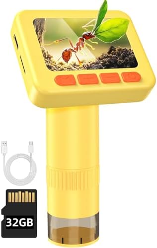 IMICHI Microscope for Kids 50X-1000X 2 inch IPS HD Screen, 32GB Storage Card, 1080P Video, 2-Hour Battery Life, Easy Carry, Slides Included - Perfect Science Kit Gift for Kids Ages 8-12 Yellow by IMICHI
