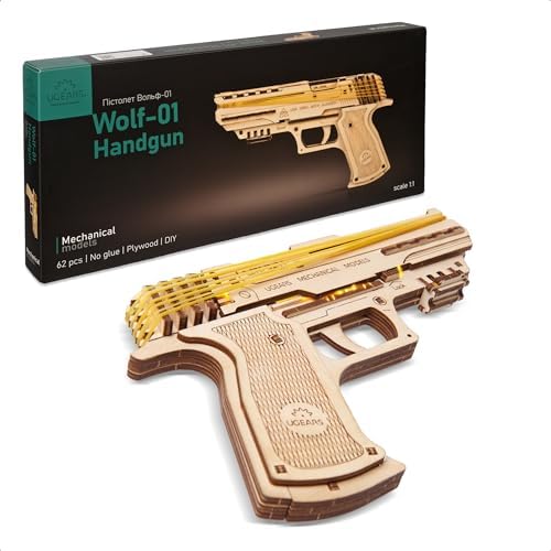 UGEARS Mechanical Wolf-01 Handgun – 3D Wooden Puzzle for Adults, Rubber Band Gun Mechanical Model Kit, DIY Wood Building Set, Collectible Hobby Craft, Brain Teaser Puzzle by UGEARS-ModelingJoy