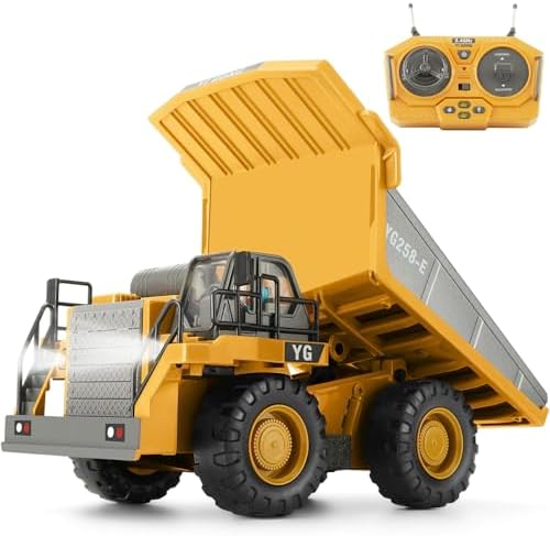 KIZJORYA Remote Control Dump Truck, RC Construction Vehicle for Kids with 9 Channel Metal Bed Light Sound & Rechargeable Battery, Electric Transport Garbage Truck Toy for Toddlers Boys Girls Age 6+ by KIZJORYA