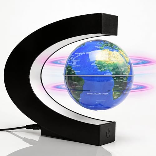 Magnetic Levitation Floating Rotating World Globe with LED Frame Lights, C Shape Levitating Globe, Touch Switch Night Light, Cool Tech Gifts for Men Dad Boys Kids, Office Desk Decor and STEM Gift by KAIMC