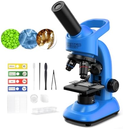 Microscope for Kids Scientific Experiment Kit 40X-1600X Magnification LED Light Educational STEM Kit with Slides and Lab Tools (Blue) by WSDMIC