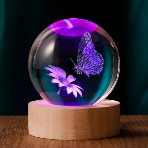3D Butterfly 60mm Crystal Ball Night Light Decor Gifts for Women by QIANRUNA