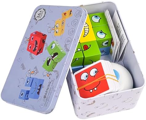 Large Wooden Face Expression Puzzle Building Cubes Manipulatives Face Changing Magic Cube Puzzles Matching Game with Bell Logical Thinking Training Brain Educational Montessori STEM Toys by Unknown