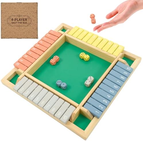 WOOD CITY Shut The Box Game Wooden 4 Player, Classic Board Game for Kids & Adults, Educational Math Learning Toy, Table Dice Game for The Party Family or Bar - 12 Inch with 8 Dice Morandi Color by WOODCITY