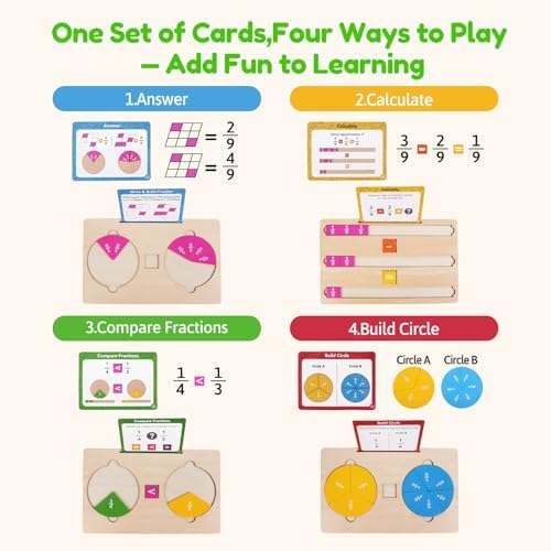 Fraction Manipulatives for Kids, Wooden Fraction Tiles, Fraction Circles & Fraction Bars, Montessori Math Manipulatives with 36 Activity Cards, Compare Fractions, Addition & Subtraction, Grade 1-4 - Image 5