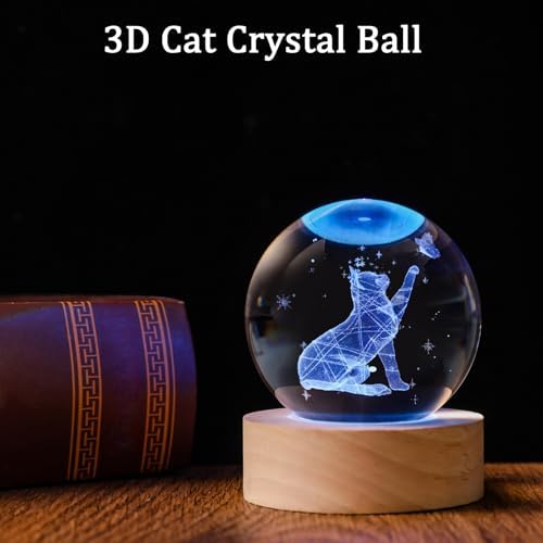 60mm 3D Crystal Ball Cat Lover Gifts for Women Cat Themed Sympathy Figurines Decor Gifts with Wooden Light Base - Image 3