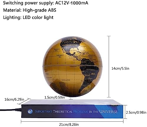 Magnetic Levitation Globe w/Book-Shaped Base, 6 Inch Rotating Geographic Globe with LED Light, Auto Rotation Suspended Floating World Map Night Light for Table Desk Decor Holiday Gift, Gold - Image 2